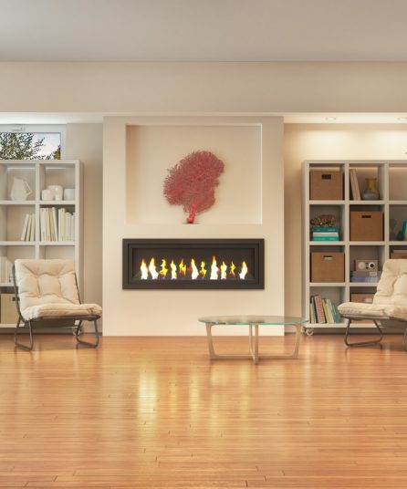 Living room with wooden floor and fireplace. 3d illustration Living room with wooden floor and fireplace. 3d illustration